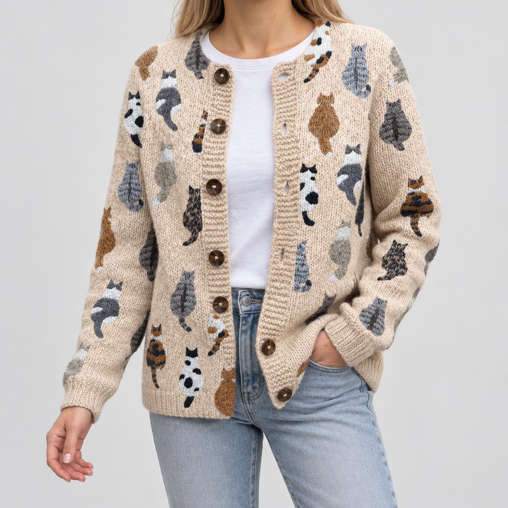 Hanna | Damen Locker geschnittene Strickjacke mit Katzenmotiv