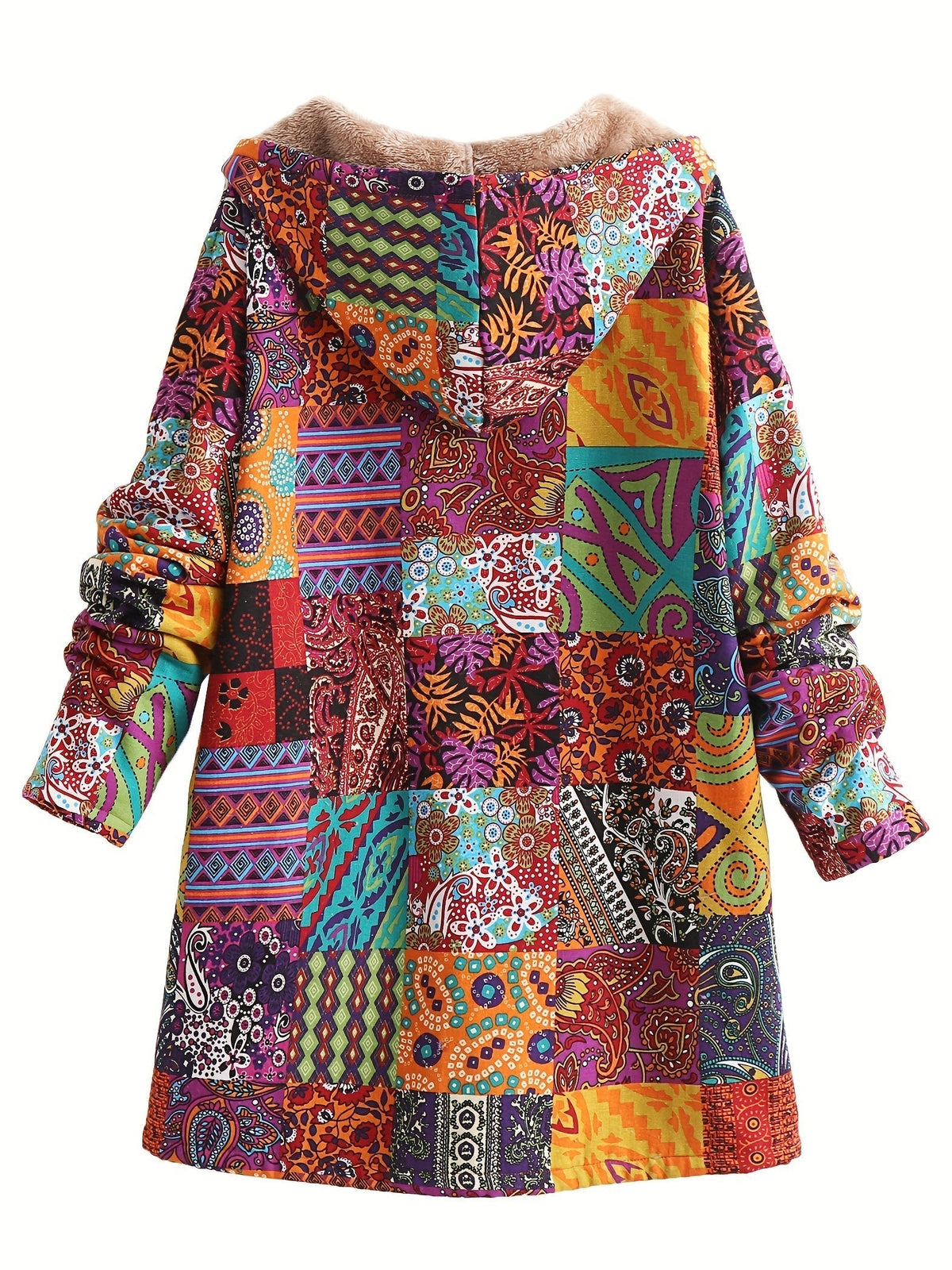 Saskia | Damen Teddy Fleecemantel mit künstlerischem Patchwork Muster