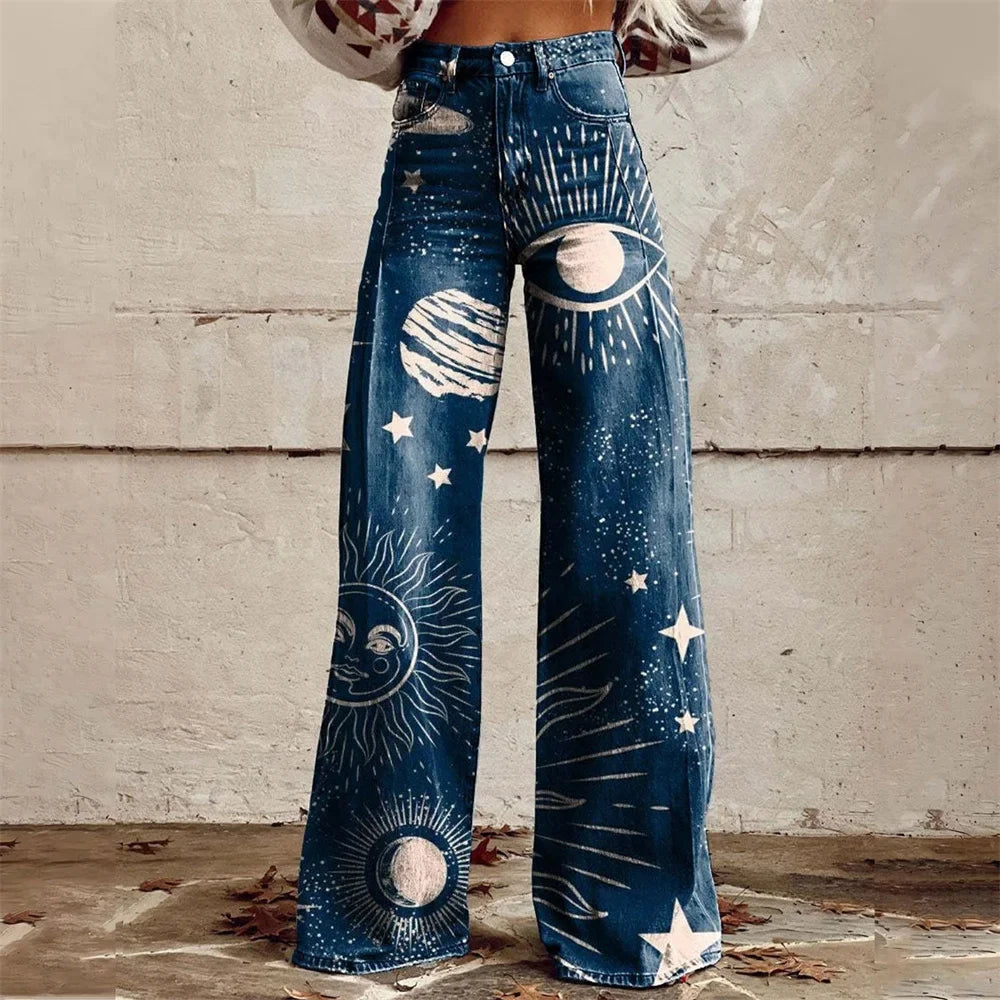 Beatrice | Damen Hochtaillierte Bedruckte Schlagjeans