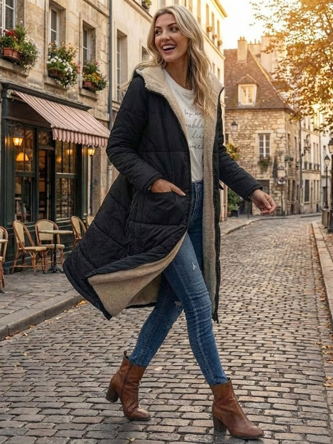 Bettina | Damen Sherpa Futter Teddymantel mit Kapuze
