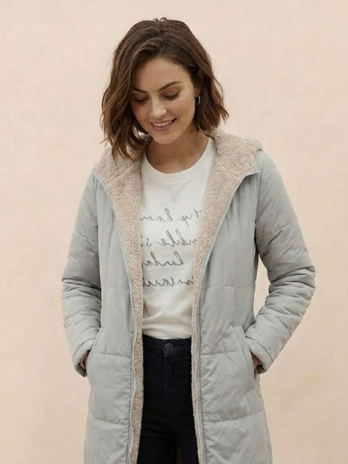 Bettina | Damen Sherpa Futter Teddymantel mit Kapuze