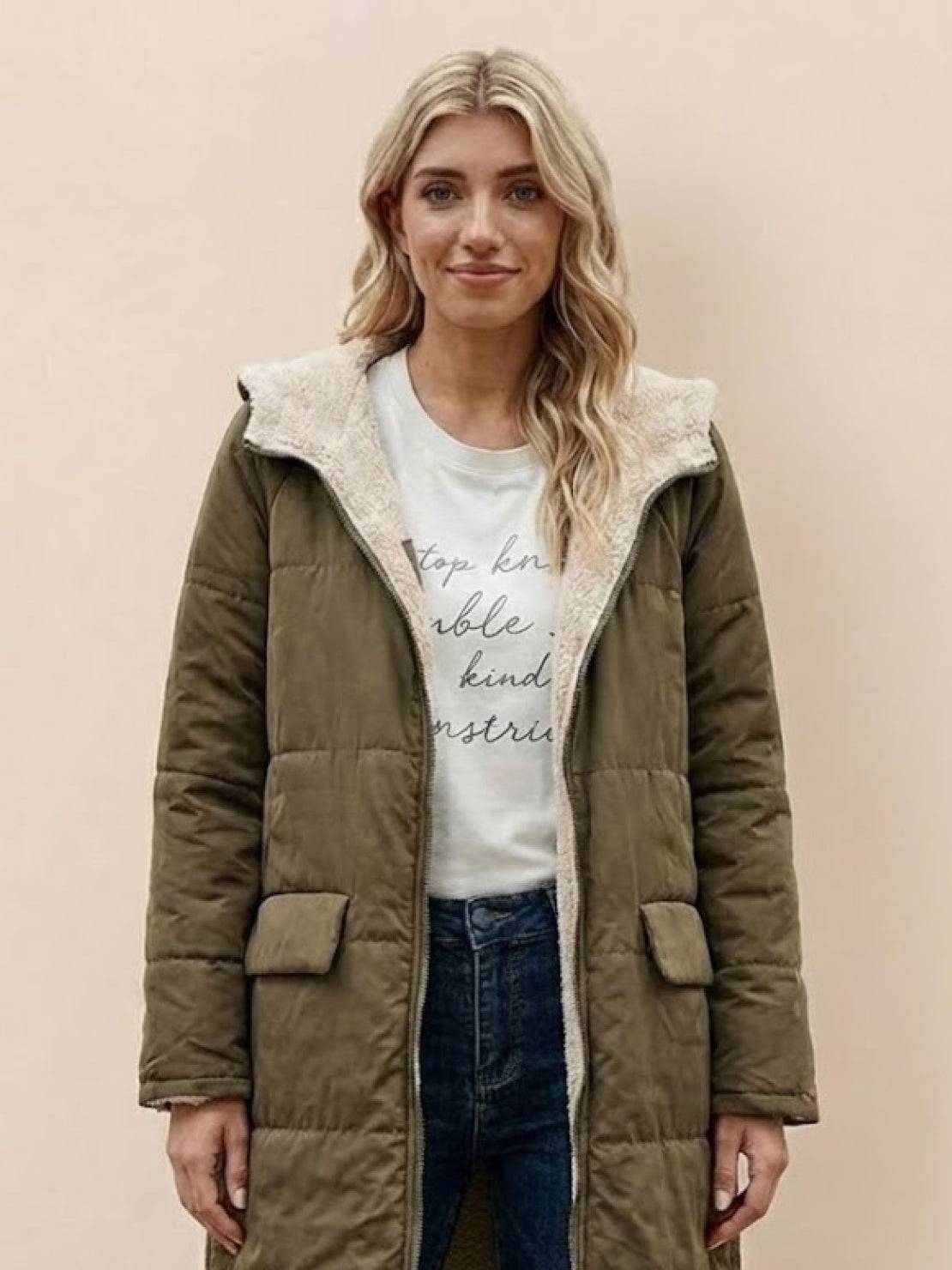 Bettina | Damen Sherpa Futter Teddymantel mit Kapuze