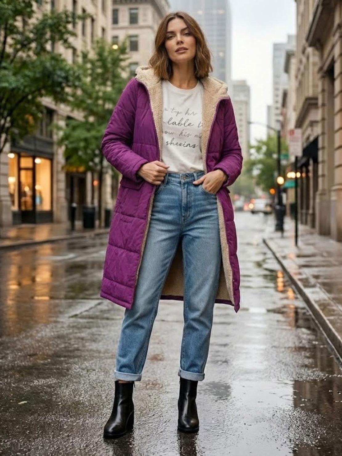 Bettina | Damen Sherpa Futter Teddymantel mit Kapuze