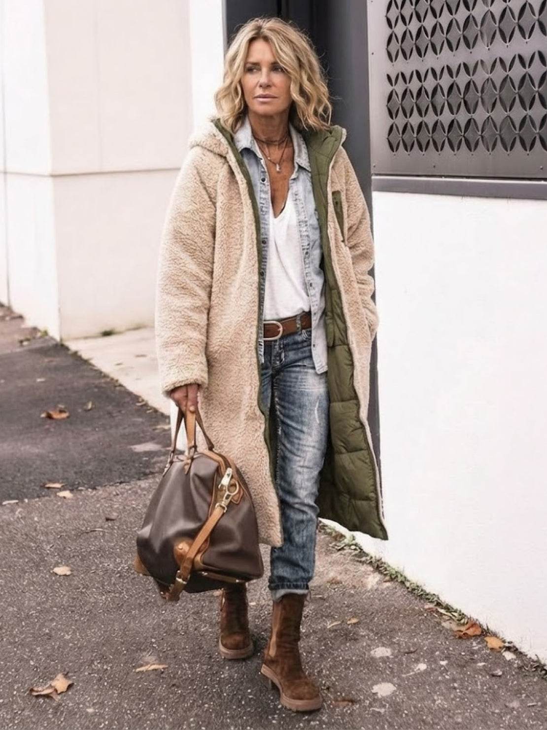 Bettina | Damen Sherpa Futter Teddymantel mit Kapuze