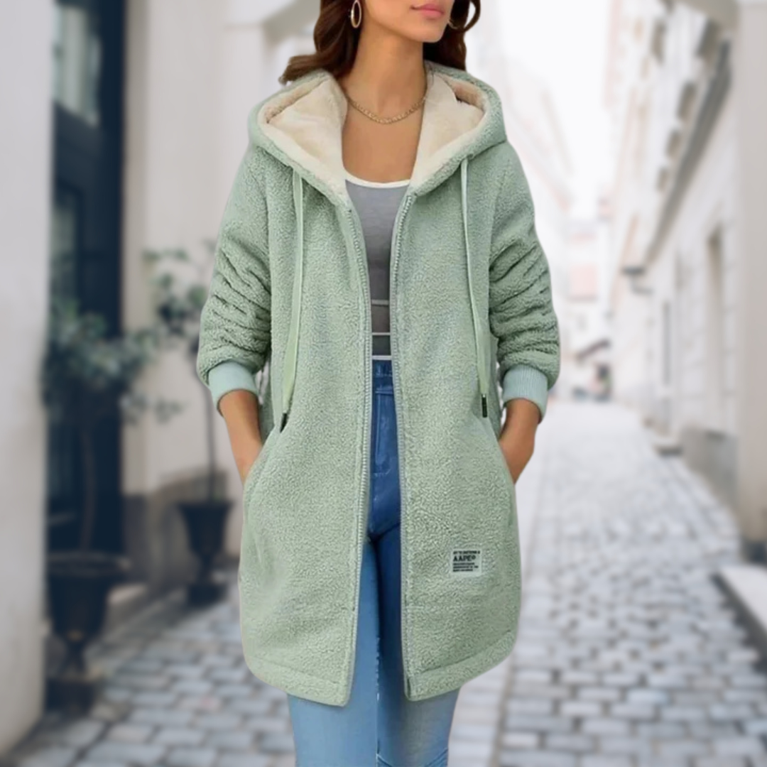 Celine | Damen Kuschelige Lange Fleecejacke mit Kapuze