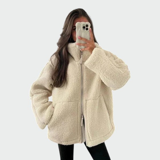 Elin | Damen Oversize Teddy Jacke mit Reissverschluss und Stehkragen