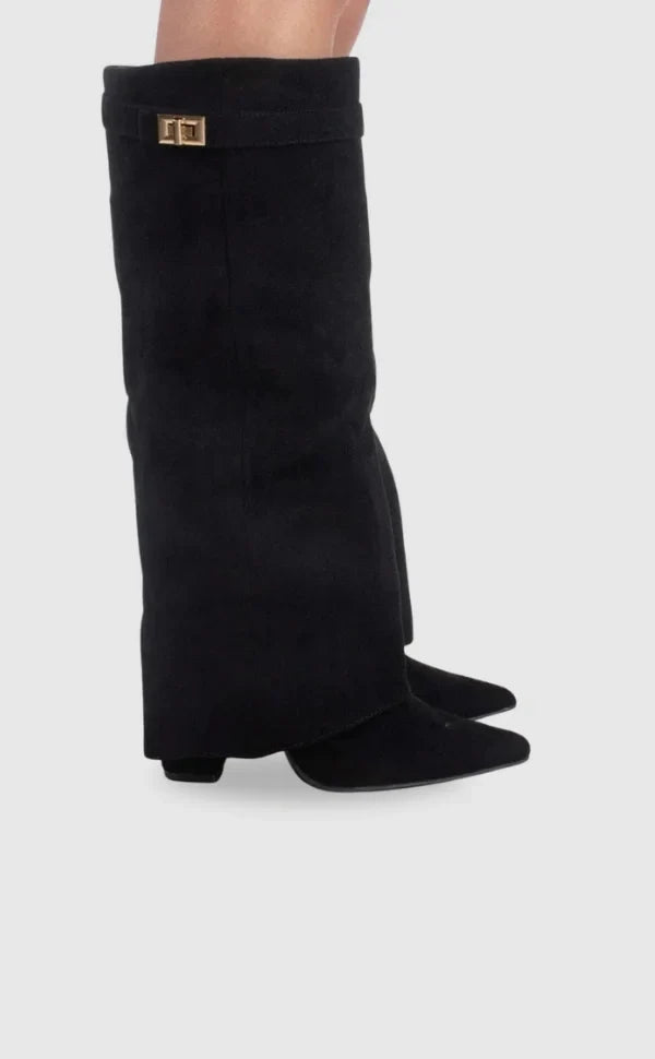 Giulia | Damen Schwarze Kniehohe Wildlederstiefel mit Blockabsatz