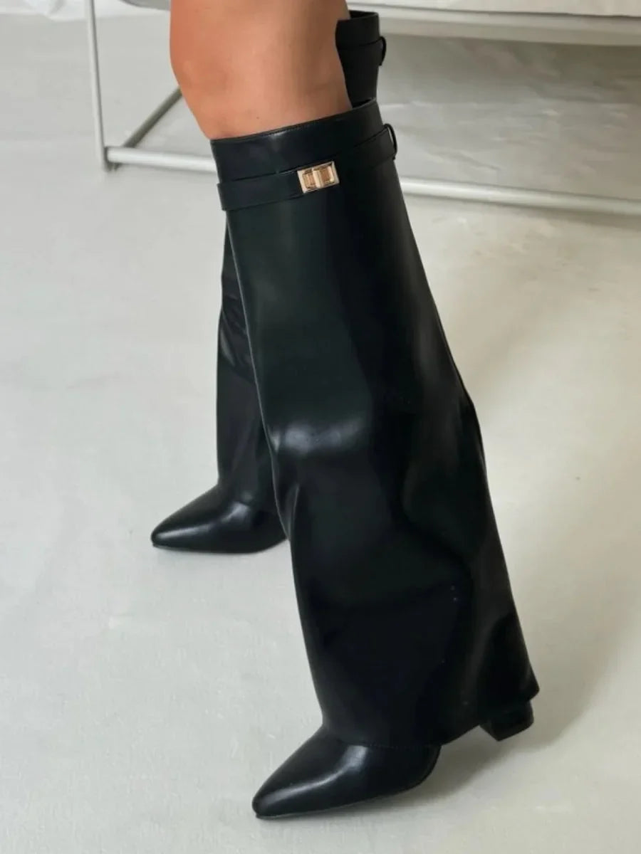 Giulia | Damen Schwarze Kniehohe Wildlederstiefel mit Blockabsatz