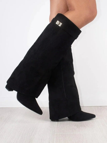 Giulia | Damen Schwarze Kniehohe Wildlederstiefel mit Blockabsatz