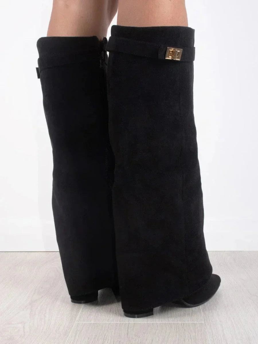 Giulia | Damen Schwarze Kniehohe Wildlederstiefel mit Blockabsatz