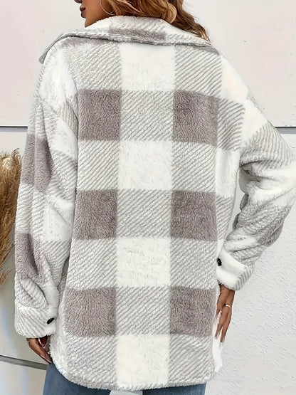 Greta | Damen Flauschige Karierte Patchwork Jacke