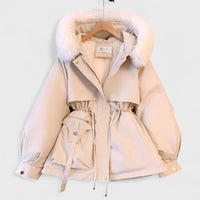 Ines | Damen Kunstfellkapuze Pufferjacke mit Taillenkordelzug