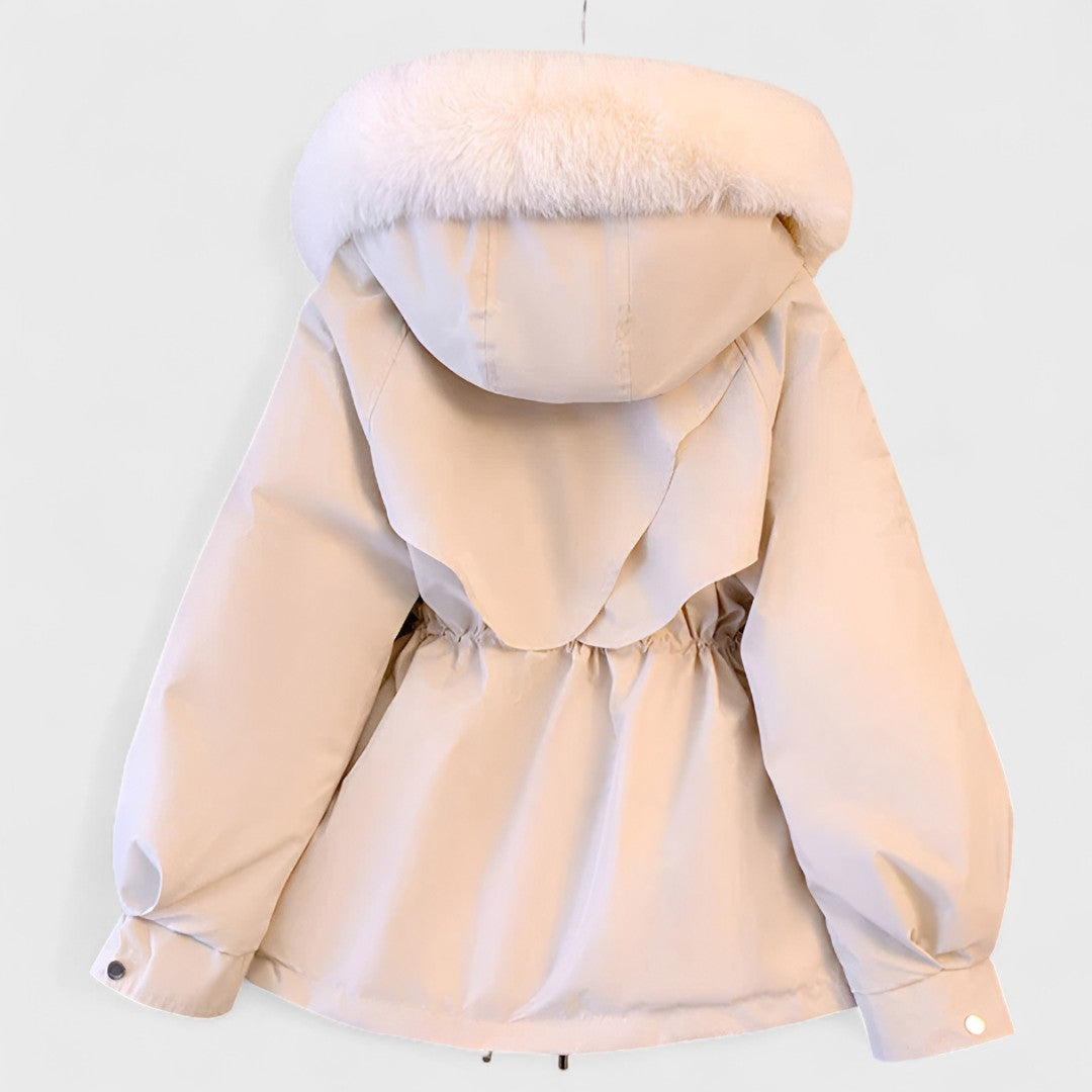 Ines | Damen Kunstfellkapuze Pufferjacke mit Taillenkordelzug