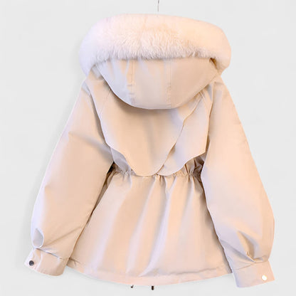 Ines | Damen Kunstfellkapuze Pufferjacke mit Taillenkordelzug
