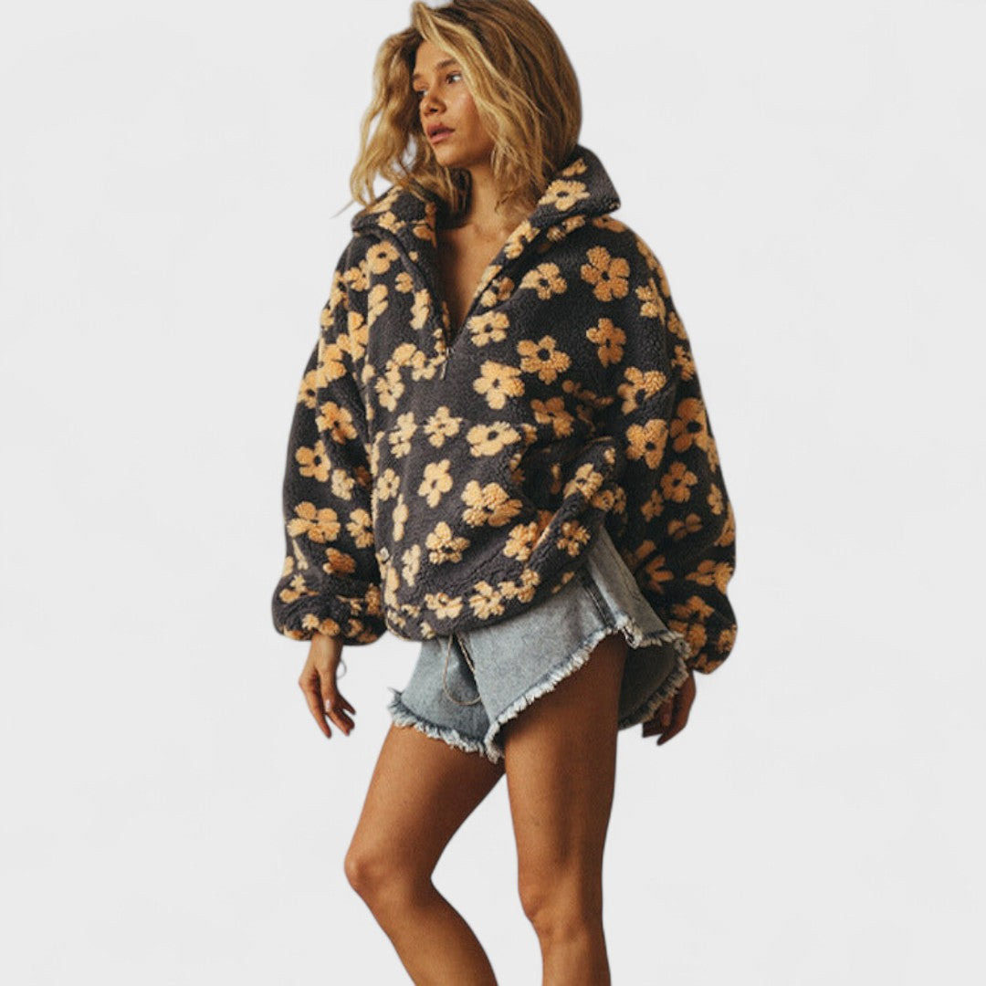 Isabelle | Damen Oversize Blumenmuster Teddy Pullover mit Reissverschluss