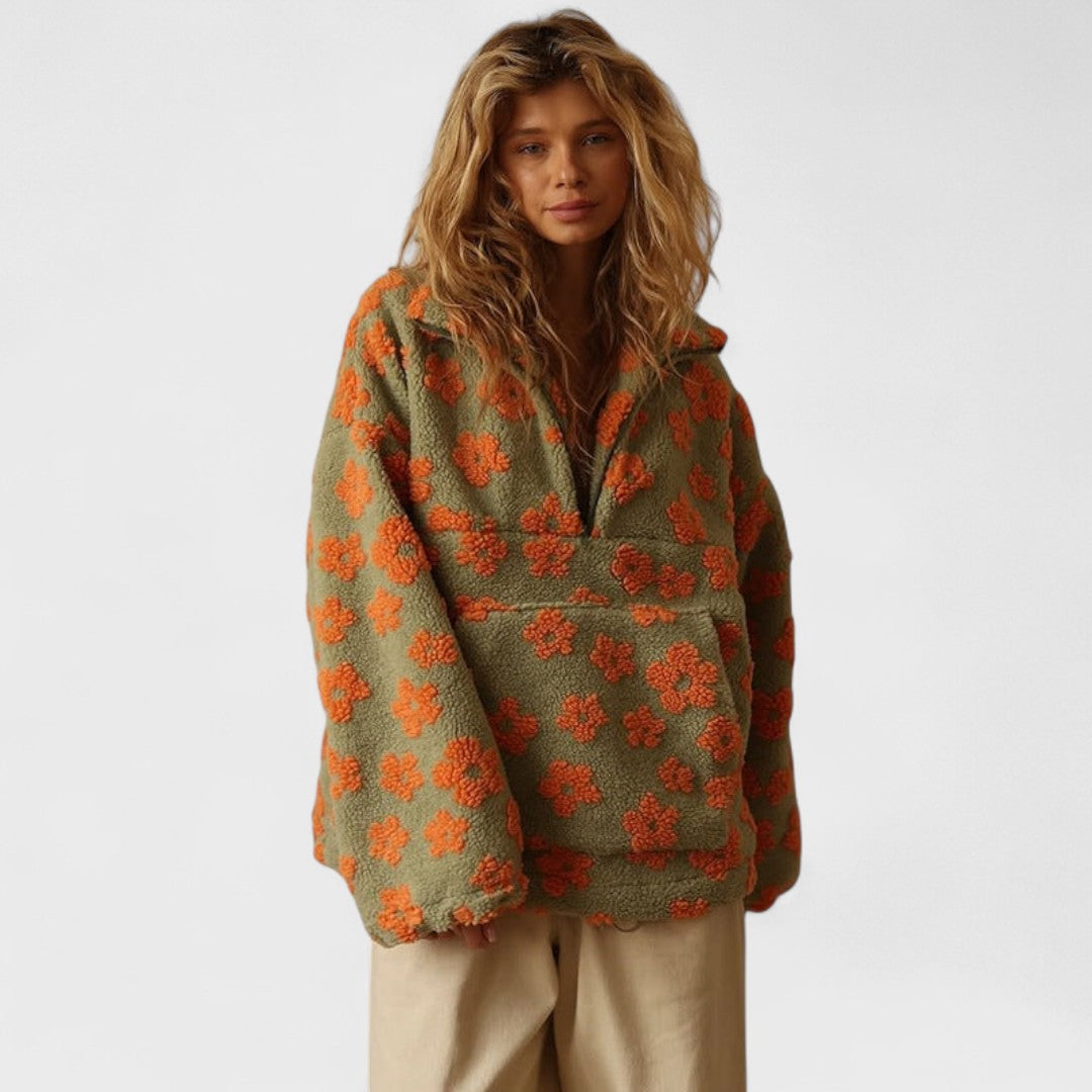 Isabelle | Damen Oversize Blumenmuster Teddy Pullover mit Reissverschluss