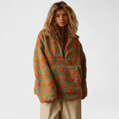 Isabelle | Damen Oversize Blumenmuster Teddy Pullover mit Reissverschluss