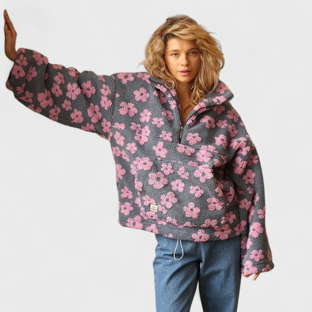 Isabelle | Damen Oversize Blumenmuster Teddy Pullover mit Reissverschluss