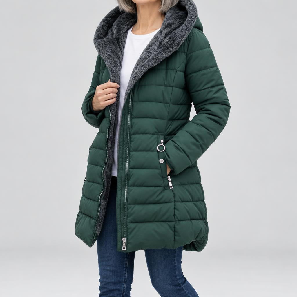 Kim | Damen Gesteppte Pufferjacke mit Kunstfellfutter mit Kapuze