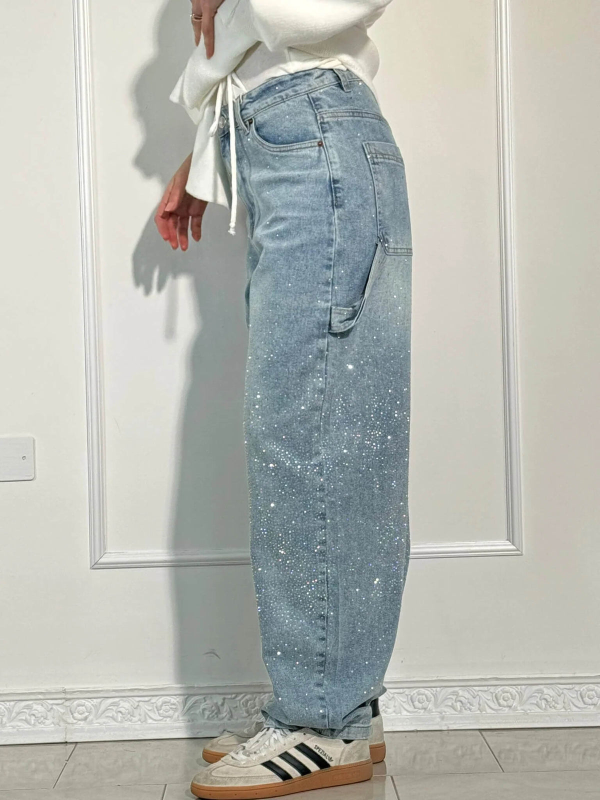 Liliane | Damen High Waist Wide Leg Glitzerjeans mit funkelndem Glitterdetail
