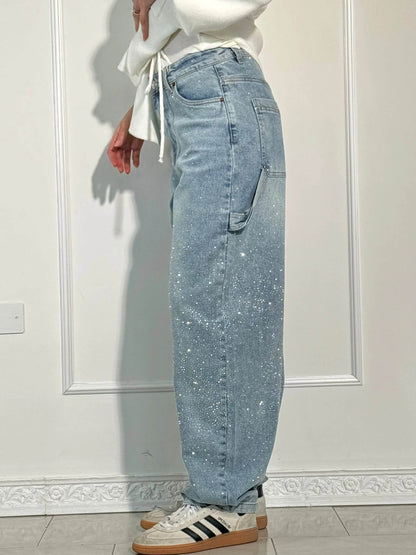 Liliane | Damen High Waist Wide Leg Glitzerjeans mit funkelndem Glitterdetail