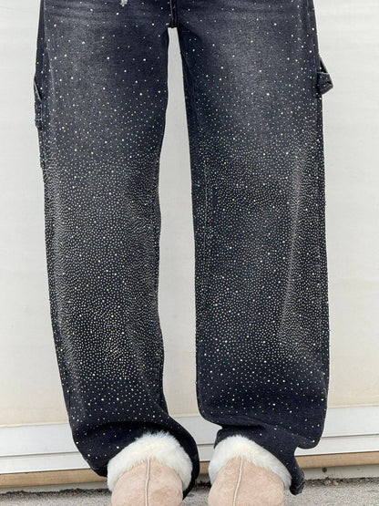 Liliane | Damen High Waist Wide Leg Glitzerjeans mit funkelndem Glitterdetail