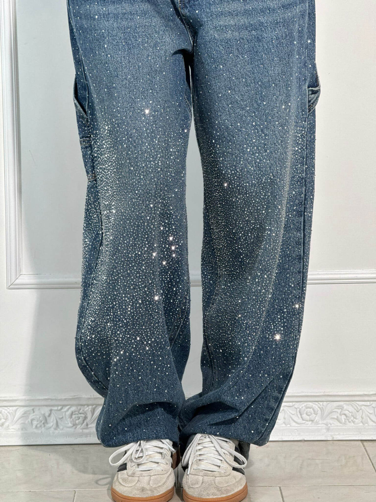 Liliane | Damen High Waist Wide Leg Glitzerjeans mit funkelndem Glitterdetail