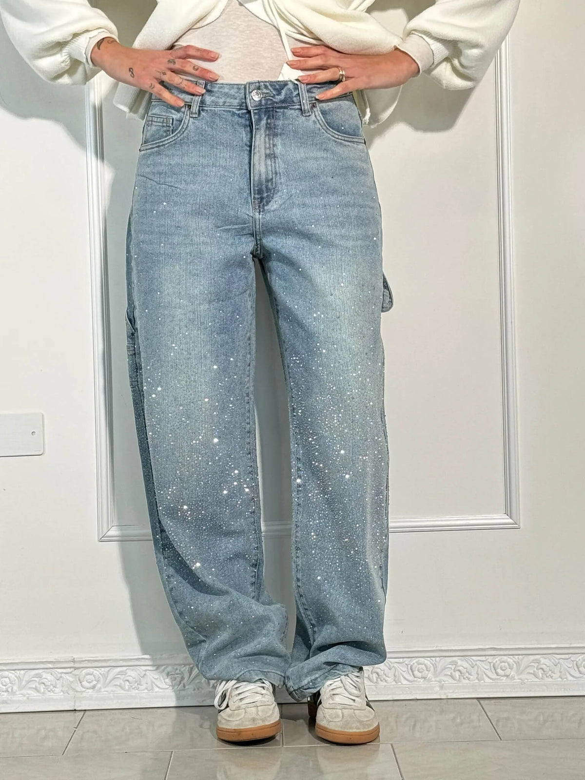 Liliane | Damen High Waist Wide Leg Glitzerjeans mit funkelndem Glitterdetail