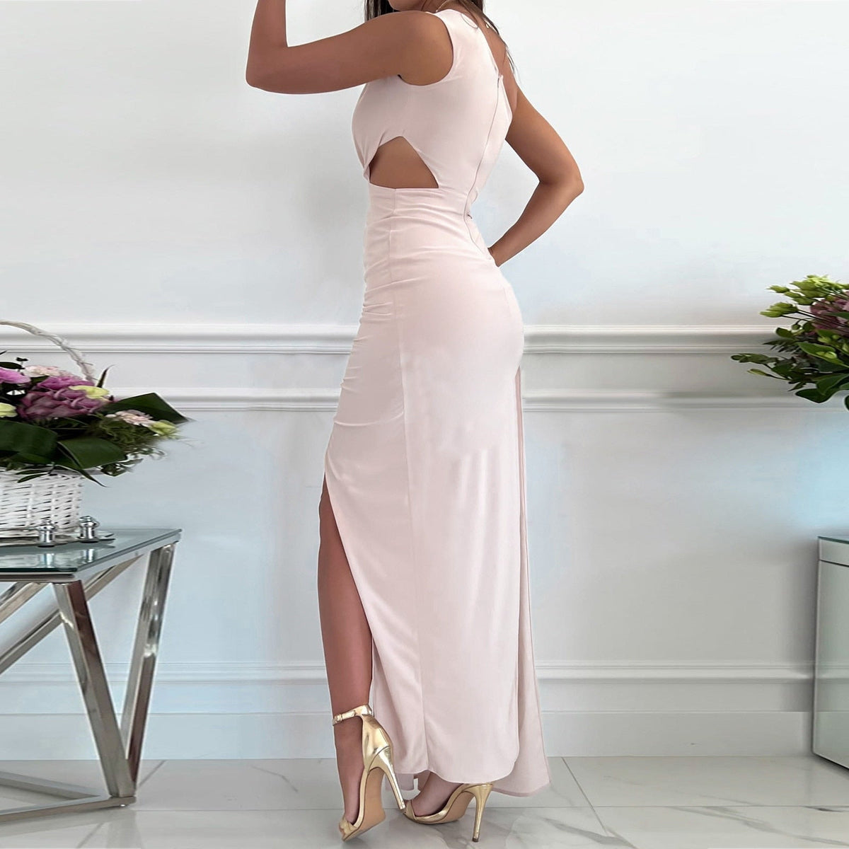 Livia | Damen One-Shoulder Abendkleid mit Beinschlitz und Cut-out