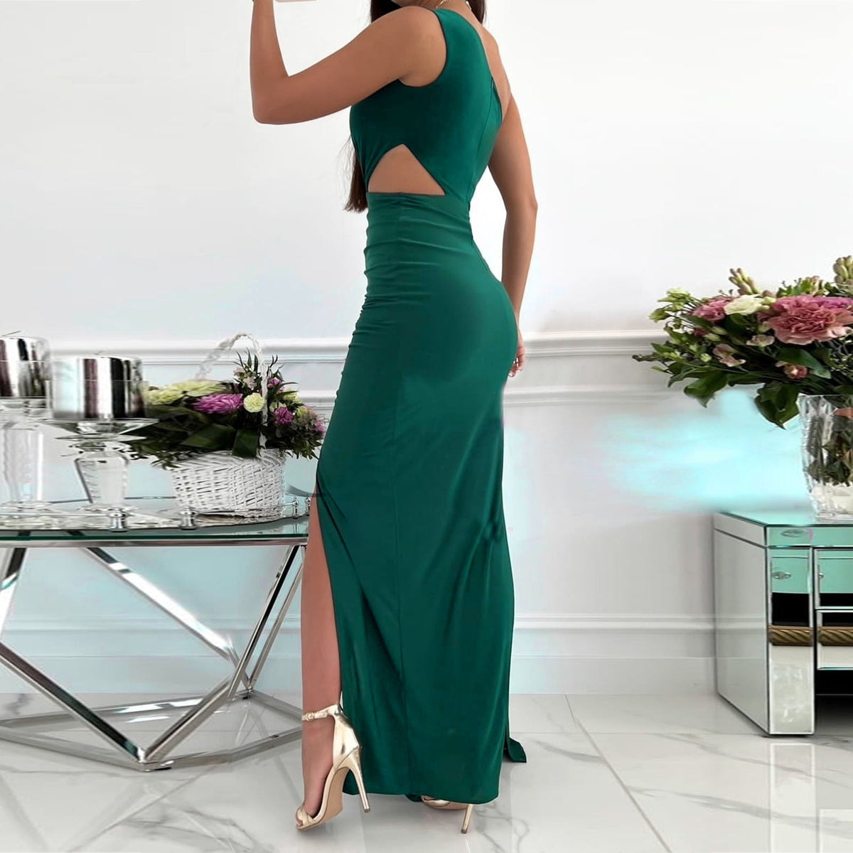 Livia | Damen One-Shoulder Abendkleid mit Beinschlitz und Cut-out