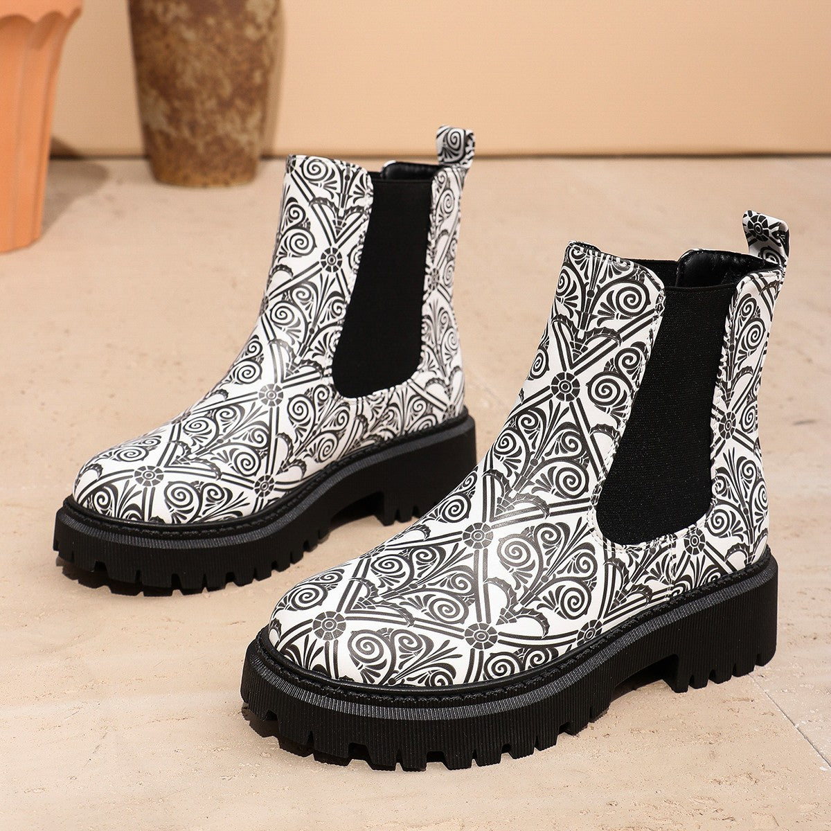 Nina | Damen Bedruckte Chelsea Stiefel mit grober Sohle