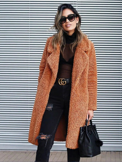Romana | Damen Kuscheliger Langer Teddy Trenchcoat mit Reverskragen