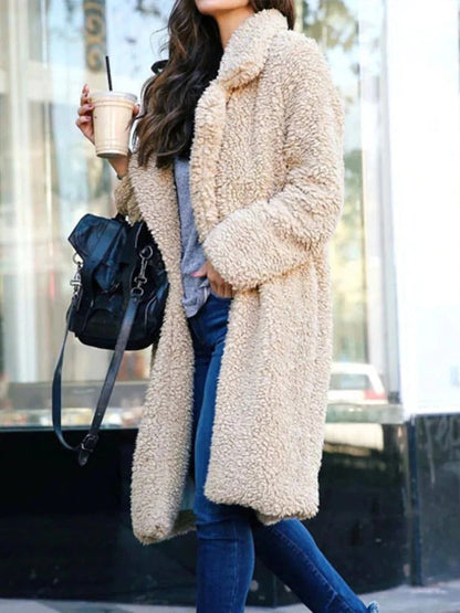 Romana | Damen Kuscheliger Langer Teddy Trenchcoat mit Reverskragen