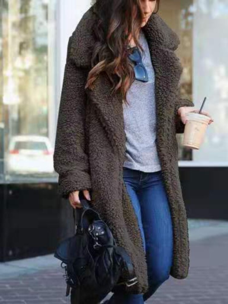 Romana | Damen Kuscheliger Langer Teddy Trenchcoat mit Reverskragen