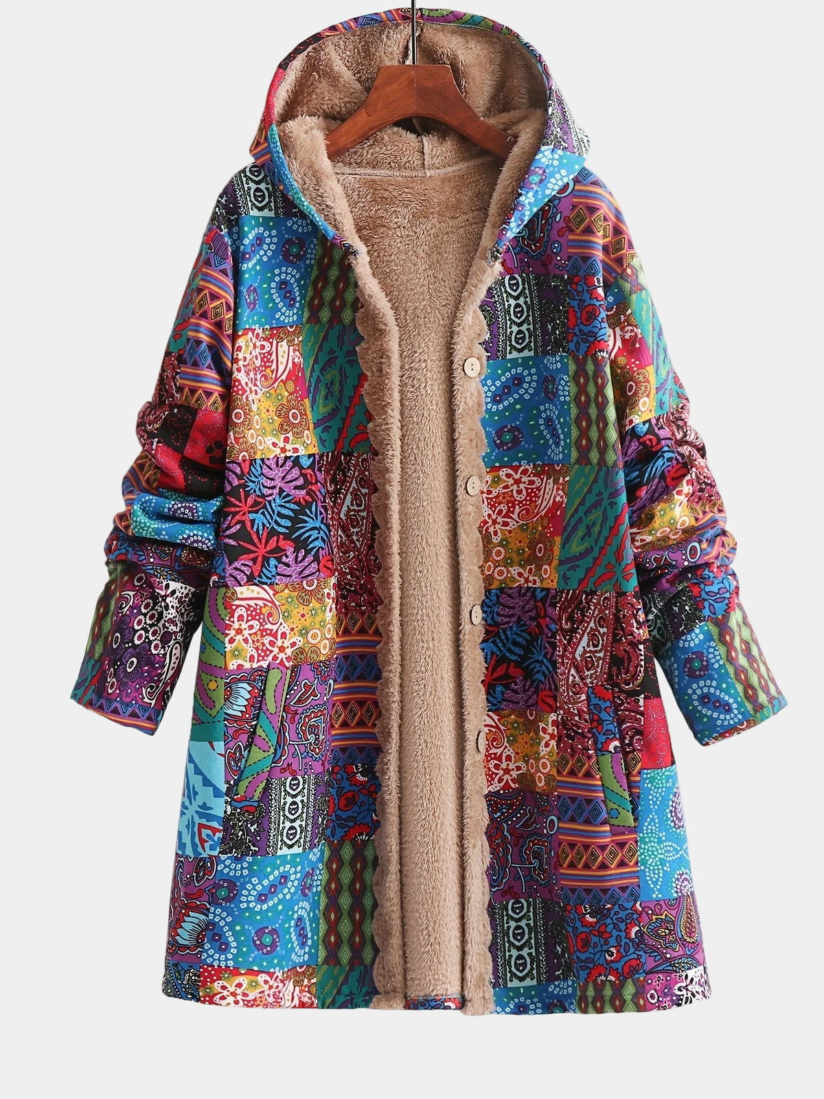 Saskia | Damen Teddy Fleecemantel mit künstlerischem Patchwork Muster