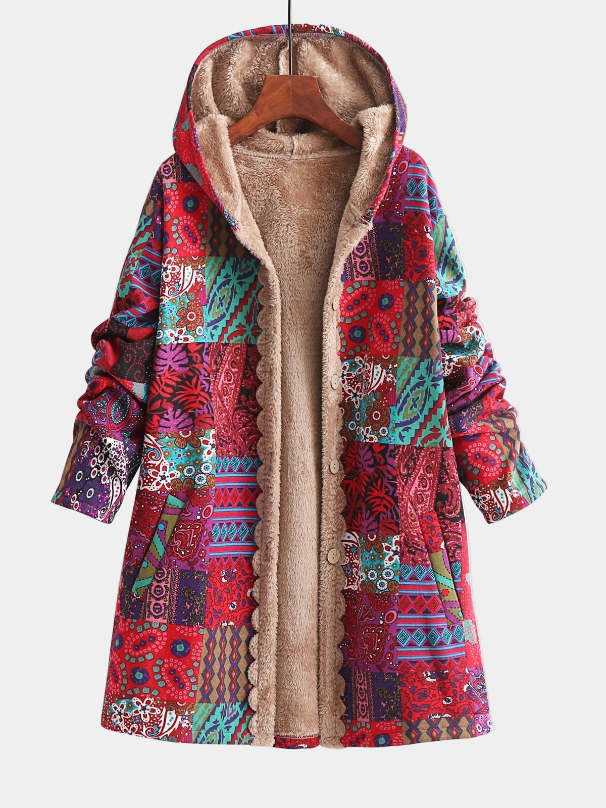 Saskia | Damen Teddy Fleecemantel mit künstlerischem Patchwork Muster
