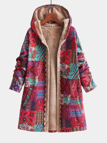Saskia | Damen Teddy Fleecemantel mit künstlerischem Patchwork Muster