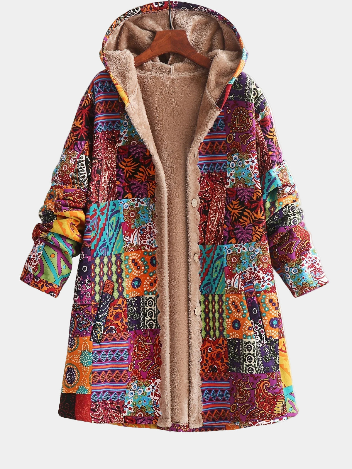 Saskia | Damen Teddy Fleecemantel mit künstlerischem Patchwork Muster