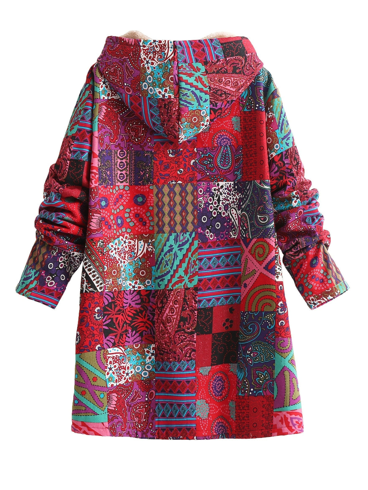 Saskia | Damen Teddy Fleecemantel mit künstlerischem Patchwork Muster
