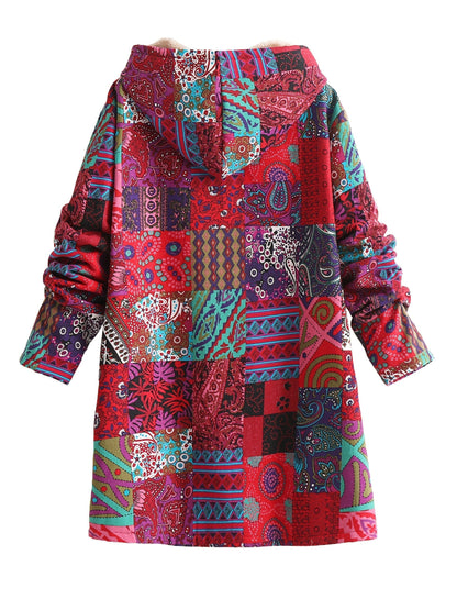 Saskia | Damen Teddy Fleecemantel mit künstlerischem Patchwork Muster