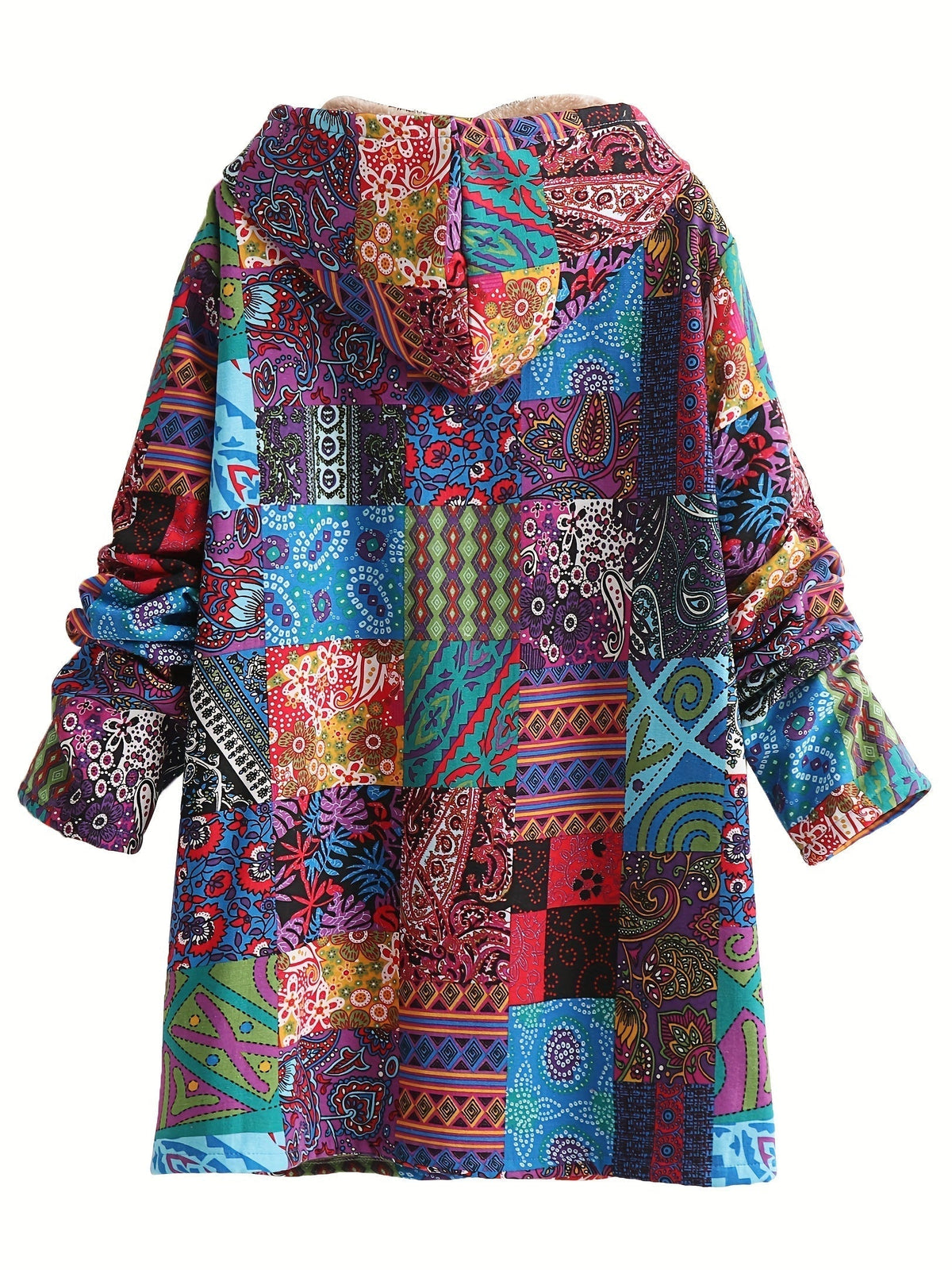 Saskia | Damen Teddy Fleecemantel mit künstlerischem Patchwork Muster
