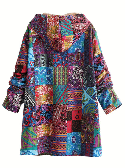 Saskia | Damen Teddy Fleecemantel mit künstlerischem Patchwork Muster