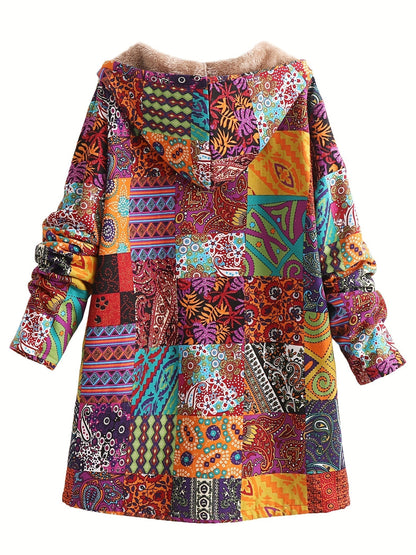 Saskia | Damen Teddy Fleecemantel mit künstlerischem Patchwork Muster